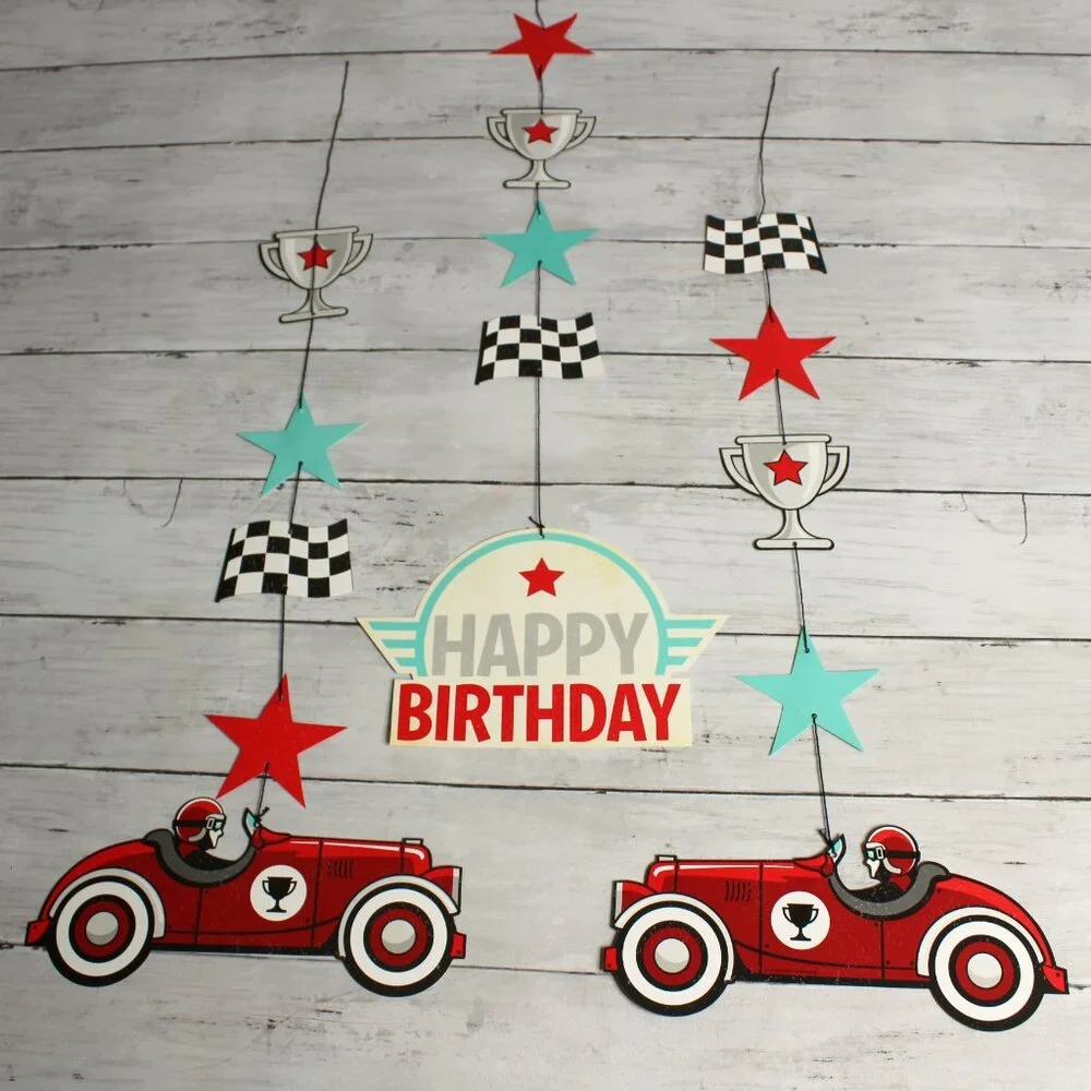 Vintage Derby Race Cars Happy Birthday Banner Paper Plates Party Decor
